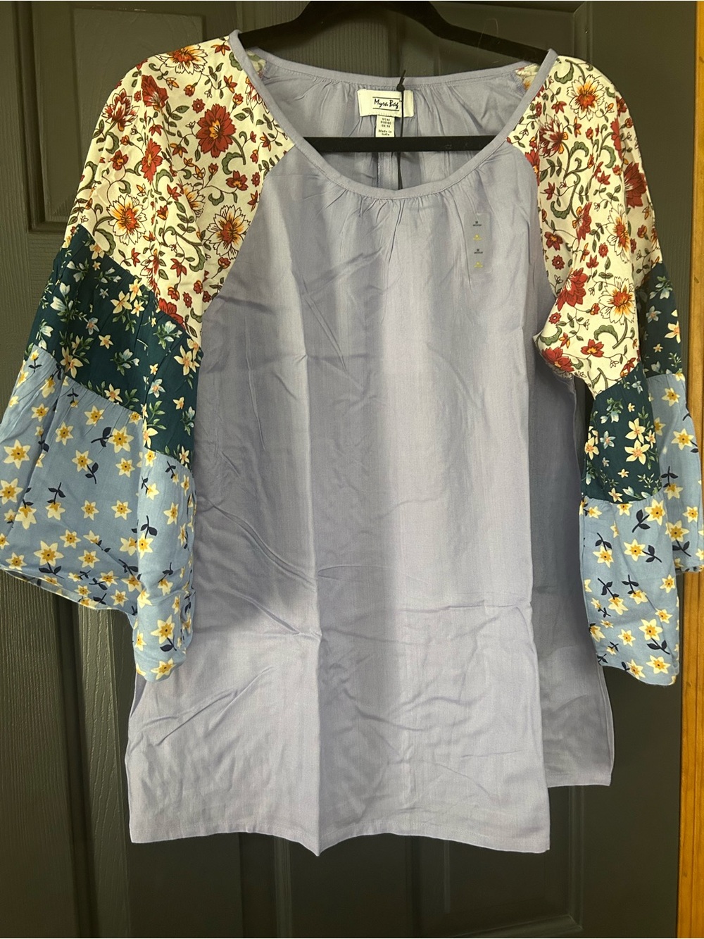 Gypsy By Myra Bag Blue Peasant Blouse with Floral Patchwork Bell Sleeves
